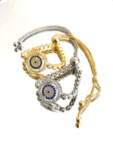 Load image into Gallery viewer, 925 Sterling Silver or 18K Gold Plated Round Halo Designed Evil Eye Adjustable Bracelet