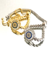 Load image into Gallery viewer, 925 Sterling Silver or 18K Gold Plated Round Halo Designed Evil Eye Adjustable Bracelet