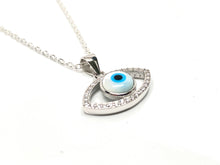 Load image into Gallery viewer, 925 Sterling Silver Bezel White Mother of Pearl Evil Eye Necklace