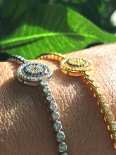 Load image into Gallery viewer, 925 Sterling Silver or 18K Gold Plated Round Halo Designed Evil Eye Adjustable Bracelet