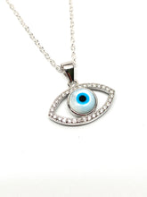 Load image into Gallery viewer, 925 Sterling Silver Bezel White Mother of Pearl Evil Eye Necklace