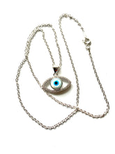 Load image into Gallery viewer, 925 Sterling Silver Bezel White Mother of Pearl Evil Eye Necklace