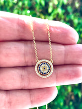 Load image into Gallery viewer, 18K Gold Plated Multi Round Discs with Micro Pave set Hamsa/Hand of Fatima, Evil Eye & Sun Necklace