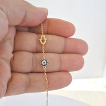 Load image into Gallery viewer, 18K Gold Plated Micro Pave Round Evil Eye & Hamsa/Hand of Fatima Bracelet