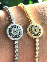 Load image into Gallery viewer, 925 Sterling Silver or 18K Gold Plated Round Halo Designed Evil Eye Adjustable Bracelet