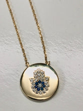 Load image into Gallery viewer, 18K Gold Plated Round Disk with Micro Pave Hamsa/Hand of Fatima Necklace