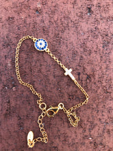 Load image into Gallery viewer, 18K Gold Plated Micro Pave Round Evil Eye & Cross Bracelet