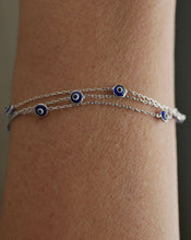Load image into Gallery viewer, 925 Sterling Silver Tri Link Bracelet with Dual Sided Blue Murano Glass Evil Eyes