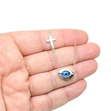 Load image into Gallery viewer, 925 Sterling Silver Almond Shaped Murano Glass Evil Eye with Cross Necklace