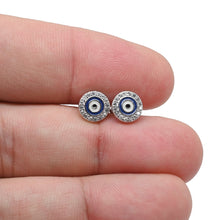 Load image into Gallery viewer, 925 Sterling Silver Round Enamel & CZ Evil Eye Stud Earrings