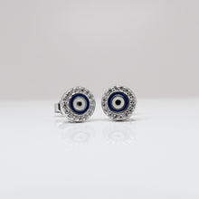 Load image into Gallery viewer, 925 Sterling Silver Round Enamel & CZ Evil Eye Stud Earrings