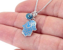 Load image into Gallery viewer, Blue Lace Hamsa w/Evil Eye Silver Necklace