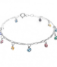 Load image into Gallery viewer, 925 Sterling Silver Anklet with Dangling Colorful Evil Eyes
