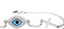 Load image into Gallery viewer, 925 Sterling Silver Double Sided Evil Eye w/ Cross Bracelet