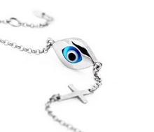 Load image into Gallery viewer, 925 Sterling Silver Double Sided Evil Eye w/ Cross Bracelet