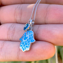 Load image into Gallery viewer, Blue Lace Hamsa w/Evil Eye Silver Necklace