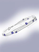 Load image into Gallery viewer, 925 Sterling Silver Tri Link Bracelet with Dual Sided Blue Murano Glass Evil Eyes