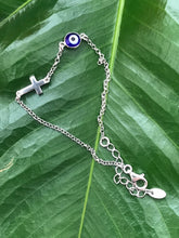 Load image into Gallery viewer, 925 Sterling Silver Rolo Chain with Blue Translucent Murano Evil Eye & Cross Bracelet
