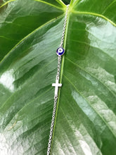 Load image into Gallery viewer, 925 Sterling Silver Rolo Chain with Blue Translucent Murano Evil Eye & Cross Bracelet