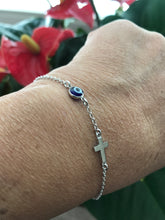 Load image into Gallery viewer, 925 Sterling Silver Rolo Chain with Blue Translucent Murano Evil Eye & Cross Bracelet