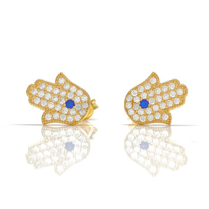 18K Gold Plated Hamsa / Hand of Fatima Earrings with Blue Accent