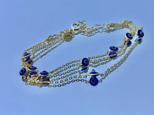 Load image into Gallery viewer, 18K Gold Plated Tri Link Bracelet with Dual Sided Blue Murano Glass Evil Eyes
