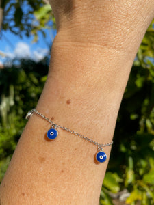 925 Sterling Silver Blue Enamel Dangling Evil Eye Bracelet