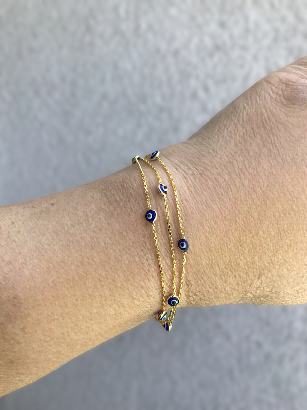 18K Gold Plated Tri Link Bracelet with Dual Sided Blue Murano Glass Evil Eyes