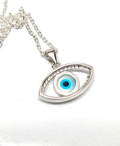 925 Sterling Silver Bezel White Mother of Pearl Evil Eye Necklace