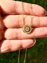 Load image into Gallery viewer, 18K Gold Plated Multi Round Discs with Micro Pave set Hamsa/Hand of Fatima, Evil Eye &amp; Sun Necklace
