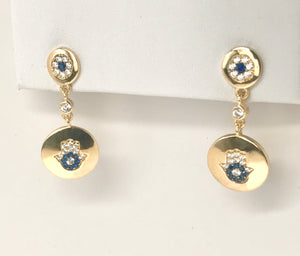 18K Gold Dangling Round Micro Pave Set Hamsa/Hand of Fatima Earrings
