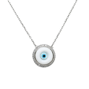 925 Sterling Silver or 18K Gold Plated  Framed Round Mother of Pearl Evil Eye