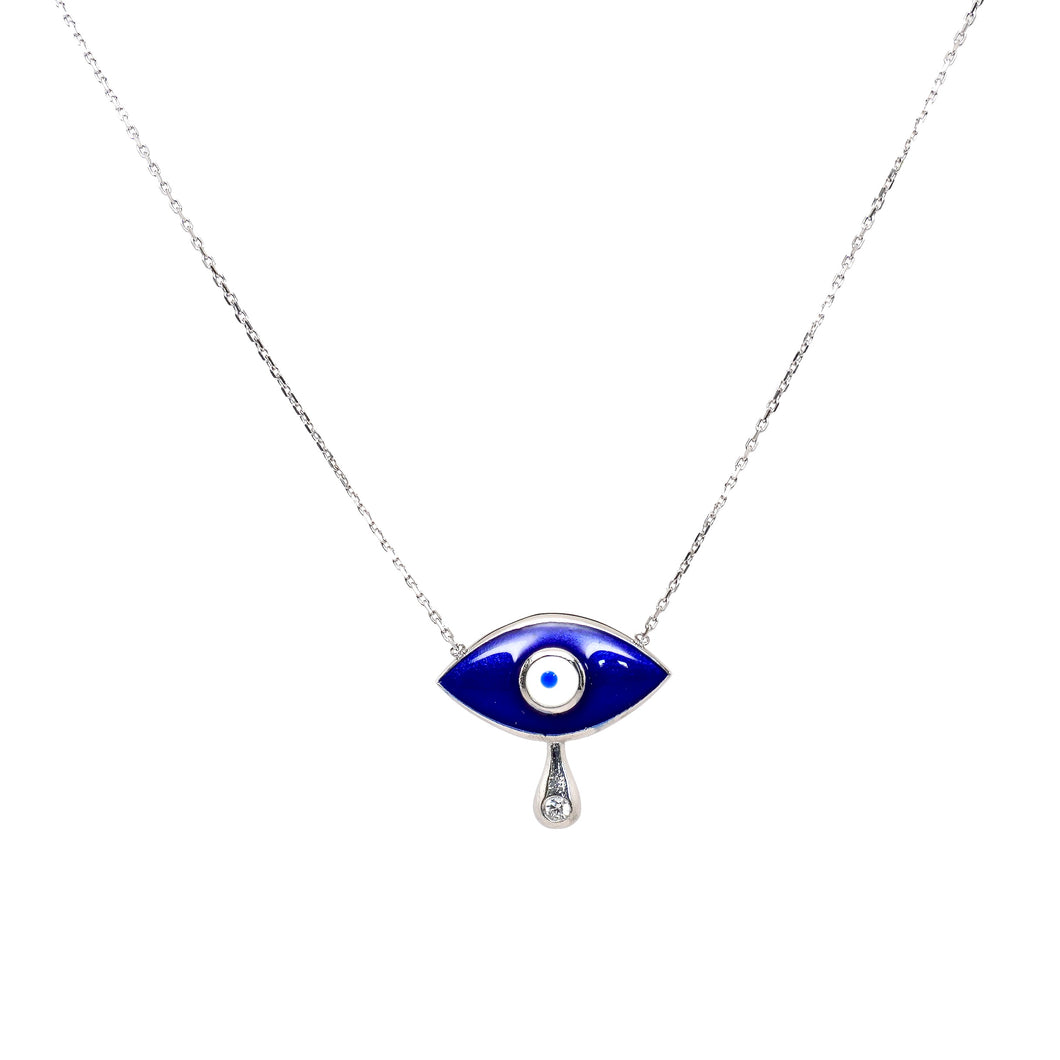 925 Sterling Silver Blue Enamel Evil Eye with Tear Necklace