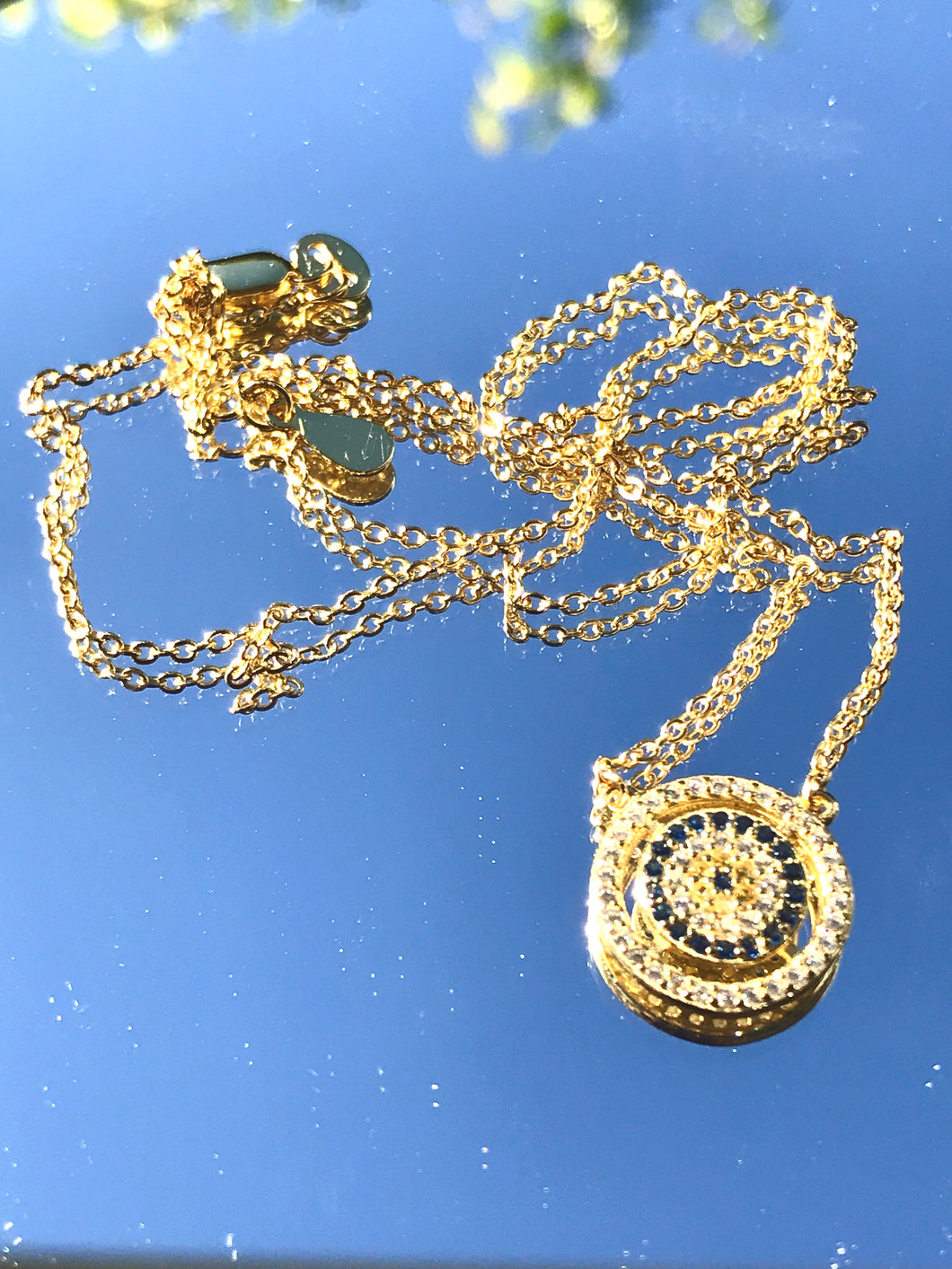 18K Gold Plated Multi Round Discs with Micro Pave set Hamsa/Hand of Fatima, Evil Eye & Sun Necklace