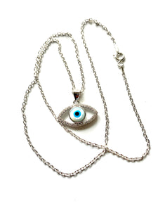 925 Sterling Silver Bezel White Mother of Pearl Evil Eye Necklace