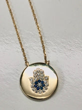 Load image into Gallery viewer, 18K Gold Plated Round Disk with Micro Pave Hamsa/Hand of Fatima Necklace
