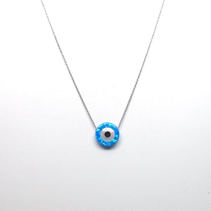 925 Sterling Silver Blue Opal Round Evil Eye Necklace