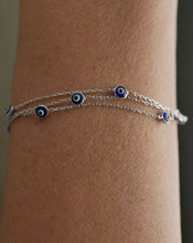 Load image into Gallery viewer, 925 Sterling Silver Tri Link Bracelet with Dual Sided Blue Murano Glass Evil Eyes
