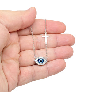 925 Sterling Silver Almond Shaped Murano Glass Evil Eye with Cross Necklace
