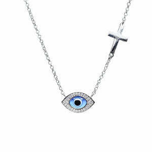 925 Sterling Silver Almond Shaped Murano Glass Evil Eye with Cross Necklace