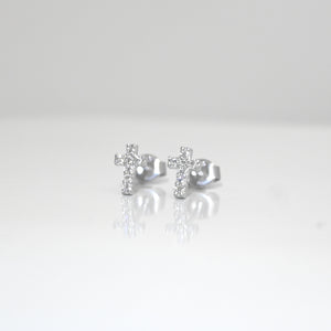 925 Sterling Silver Small Cross CZ Earrings