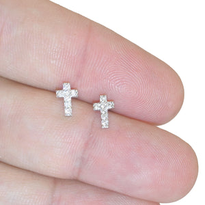 925 Sterling Silver Small Cross CZ Earrings