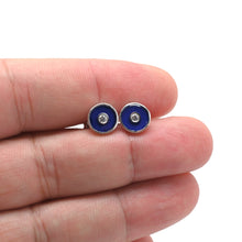 Load image into Gallery viewer, 925 Sterling Silver Round Blue Enamel Disc Earrings.

