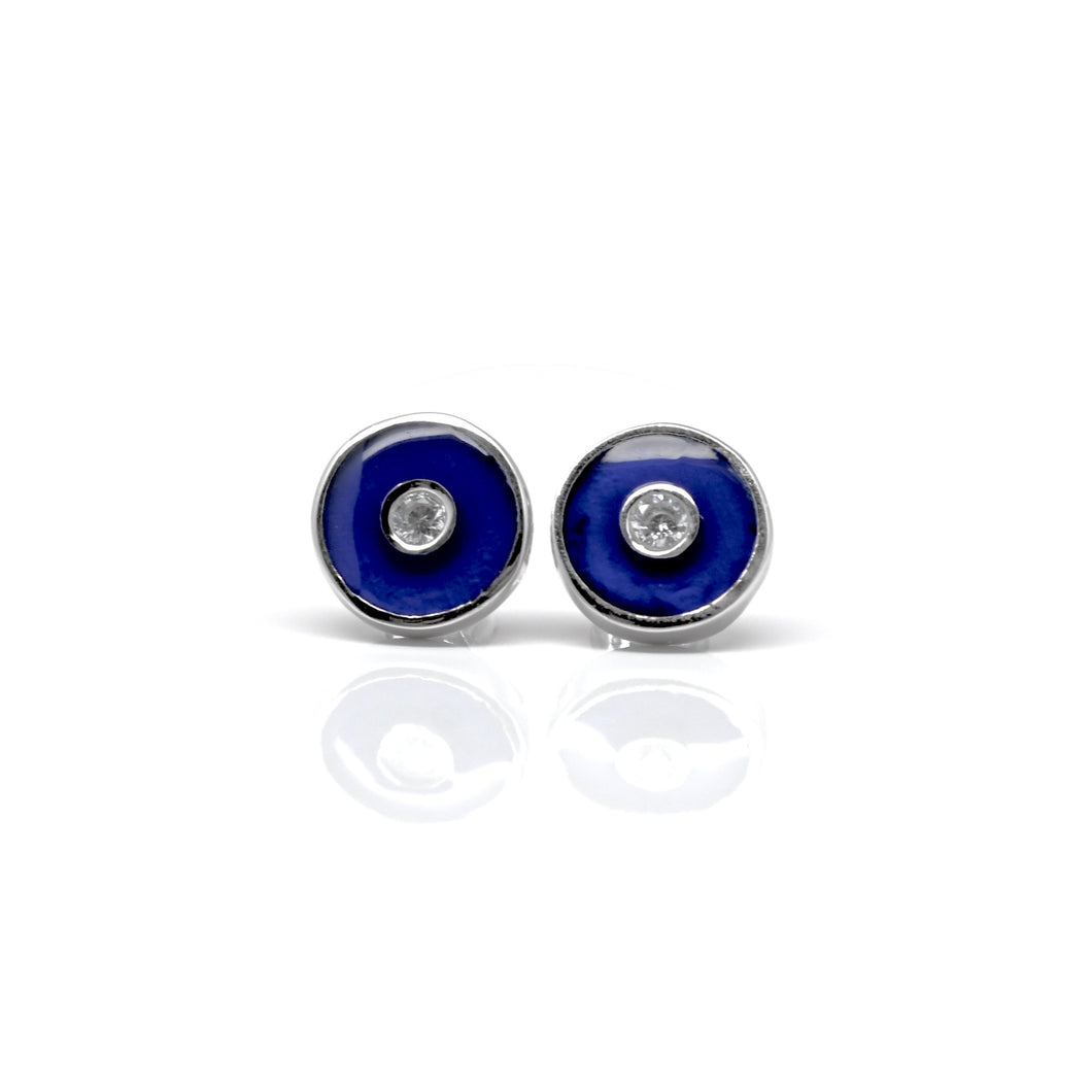 925 Sterling Silver Round Blue Enamel Disc Earrings.