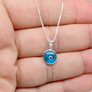 925 Sterling Silver Round Bezel Set Traditional (Light or Dark Blue) Evil Eye Necklace