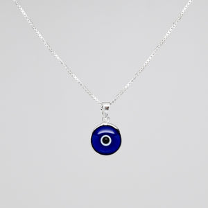 925 Sterling Silver Round Bezel Set Traditional (Light or Dark Blue) Evil Eye Necklace