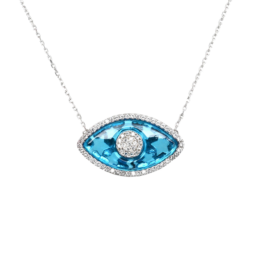 925 Sterling Silver Modern Marquee Bezel Set with Pave Stimulant Diamonds Evil Eye Necklace