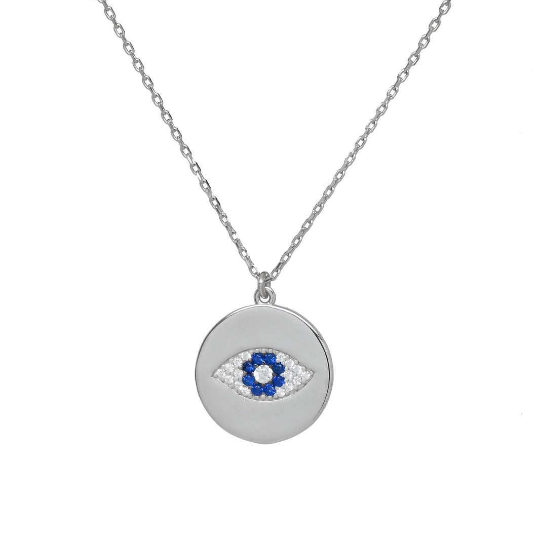 925 Sterling Silver Round Disc Pave Evil Eye Necklace