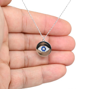 925 Sterling Silver Round Disc Pave Evil Eye Necklace
