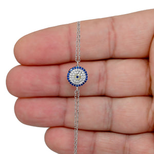 925 Sterling Silver Micro Pave, Raised, Double Chained Evil Eye Bracelet